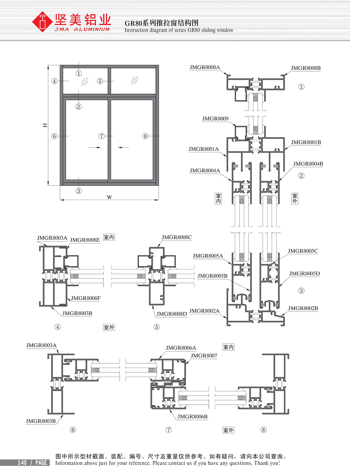 Schéma de structure de la fenêtre coulissante de la série d’isolation thermique GR80